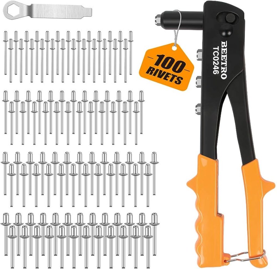 Picture of: Beetro Riveting Gun Set, Hand Riveter with  Pieces Metal Rivets and   Mouthpieces, Professional Riveting Tool for Metal, Plastic and Leather