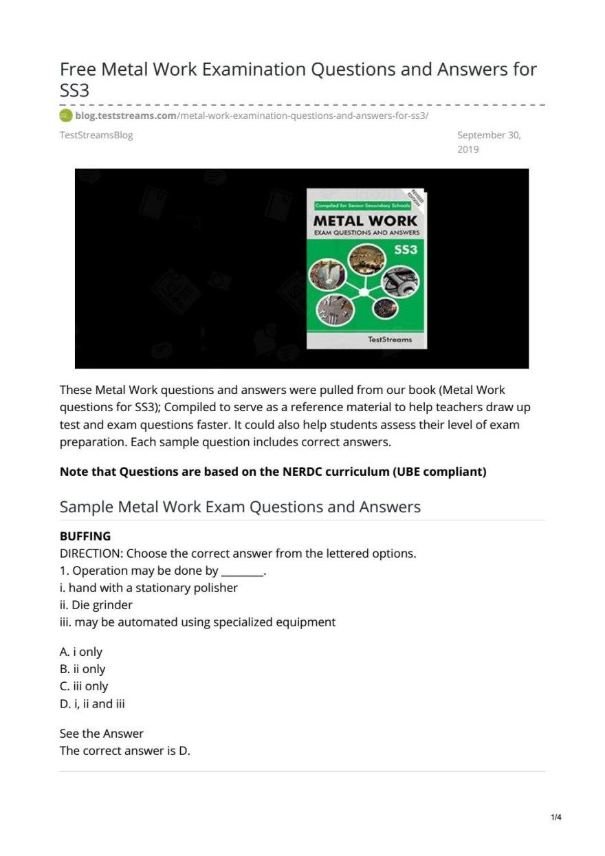 Picture of: Free Metal Work Examination Questions and Answers for SS by