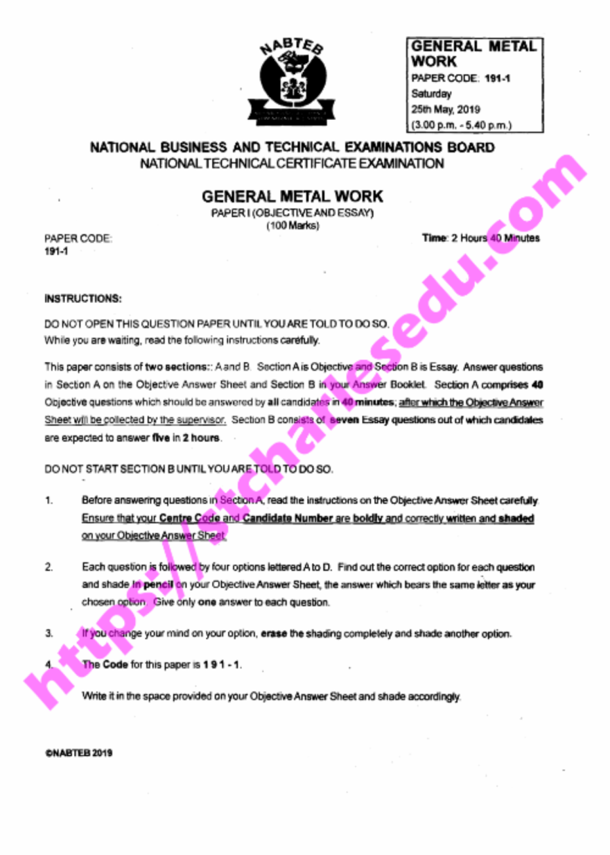 Picture of: General Metal Work Past Questions for NABTEB SSCE in  – St