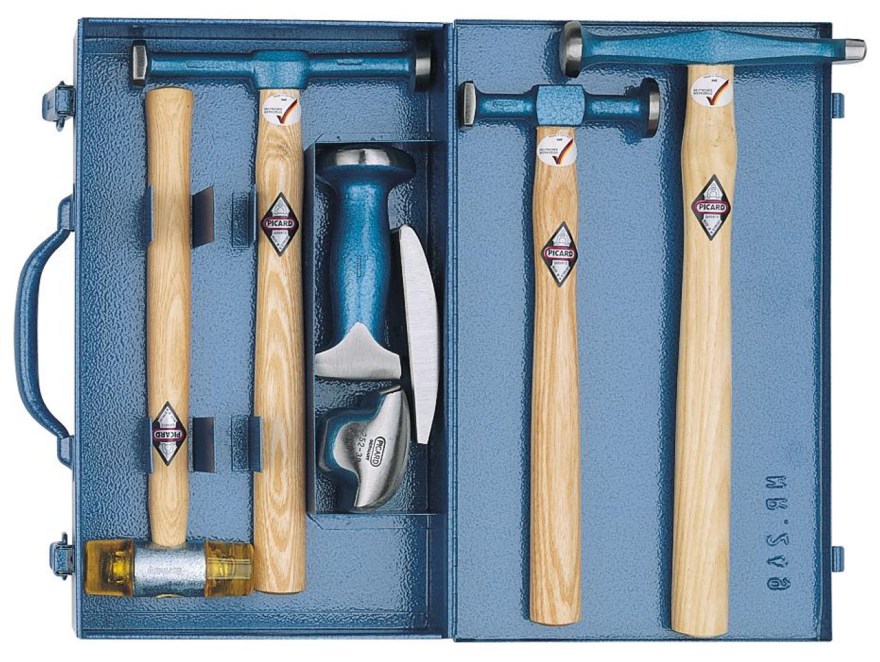 Picture of: Picard -piece bumping tool set in sheet metal box,  hammers,  dollies.